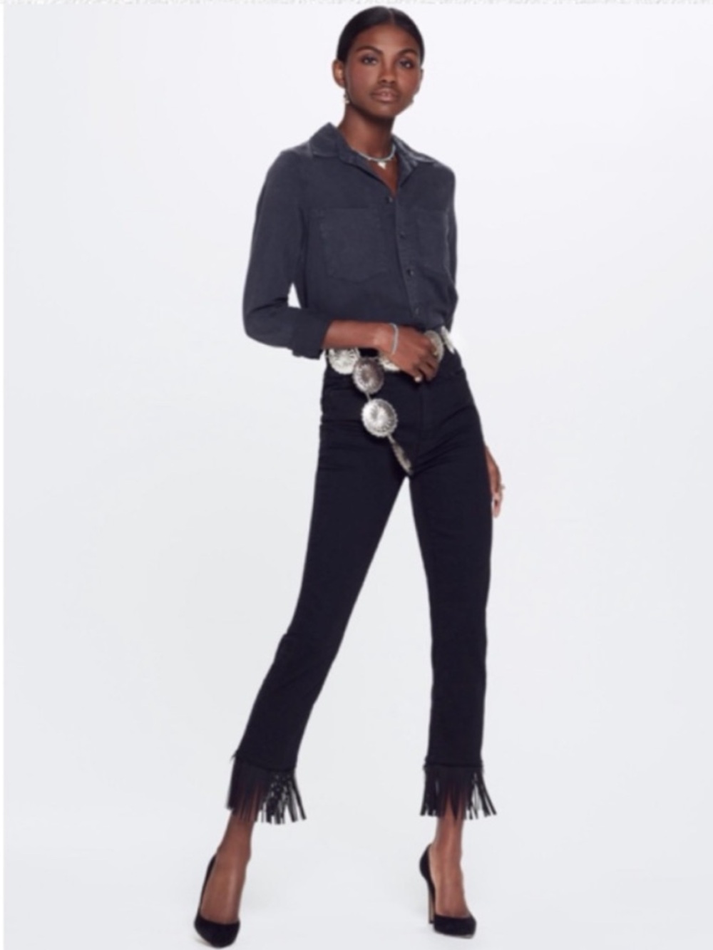 Mother High Waisted Rascal Crop Fray The Whip Jeans Black High Rise Fringe Hem